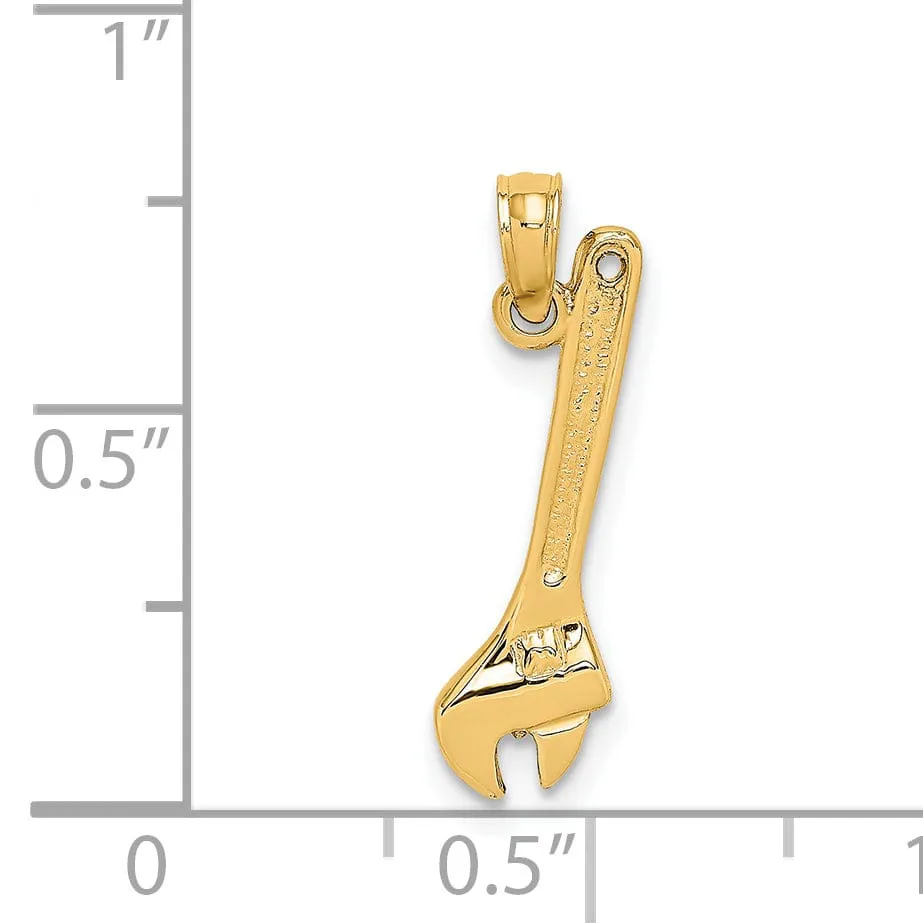 14K Yellow Gold Polished Finish 3-Dimensional Adjustable Wrench Charm Pendant