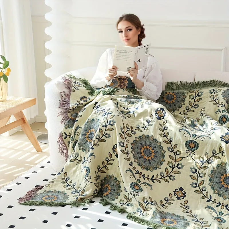 1pc Cotton Multi-layer Gauze Throw Blanket With Tassel Flower And Leaf Pattern Sofa Towel Blanket Air Conditioning Blanket Summer Cooling Quilt Towel Double-sided Available Multi-function Blanket, Machine Washed, And Reusable