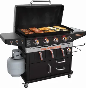 BLACKSTONE 1923 Air Fryer Combo & Four Burners Stainless Steel Gas Hood, Wheels, Two Side Shelf – Heavy Duty Outdoor Griddle Station for Backyard, Patio, 36 inch Black