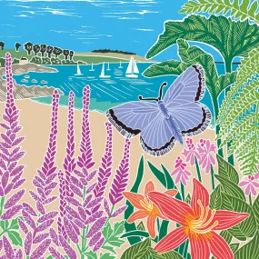 Blue butterfly and beach card