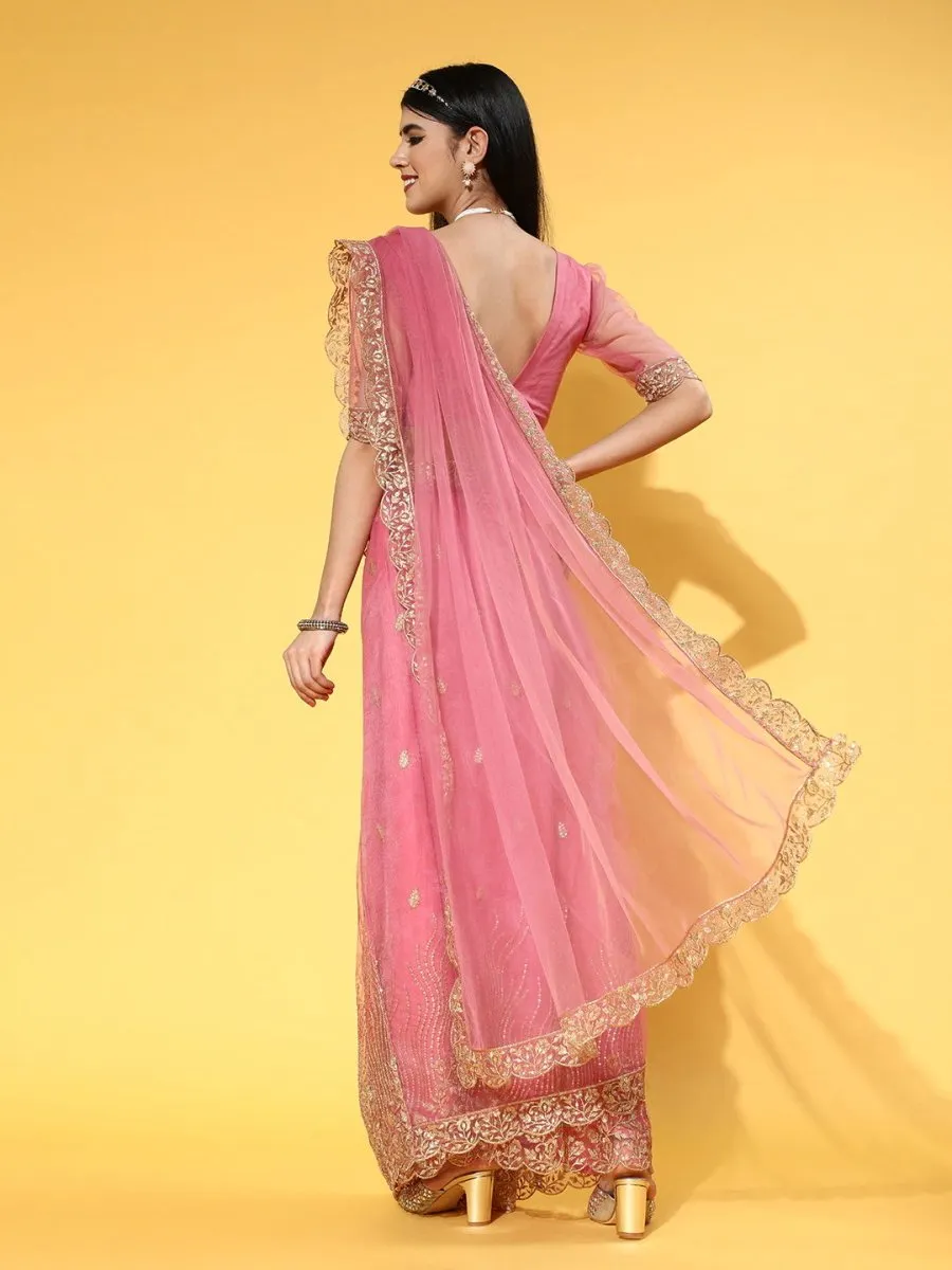 Dirty Pink Net Embroidere Saree with Blouse Piece