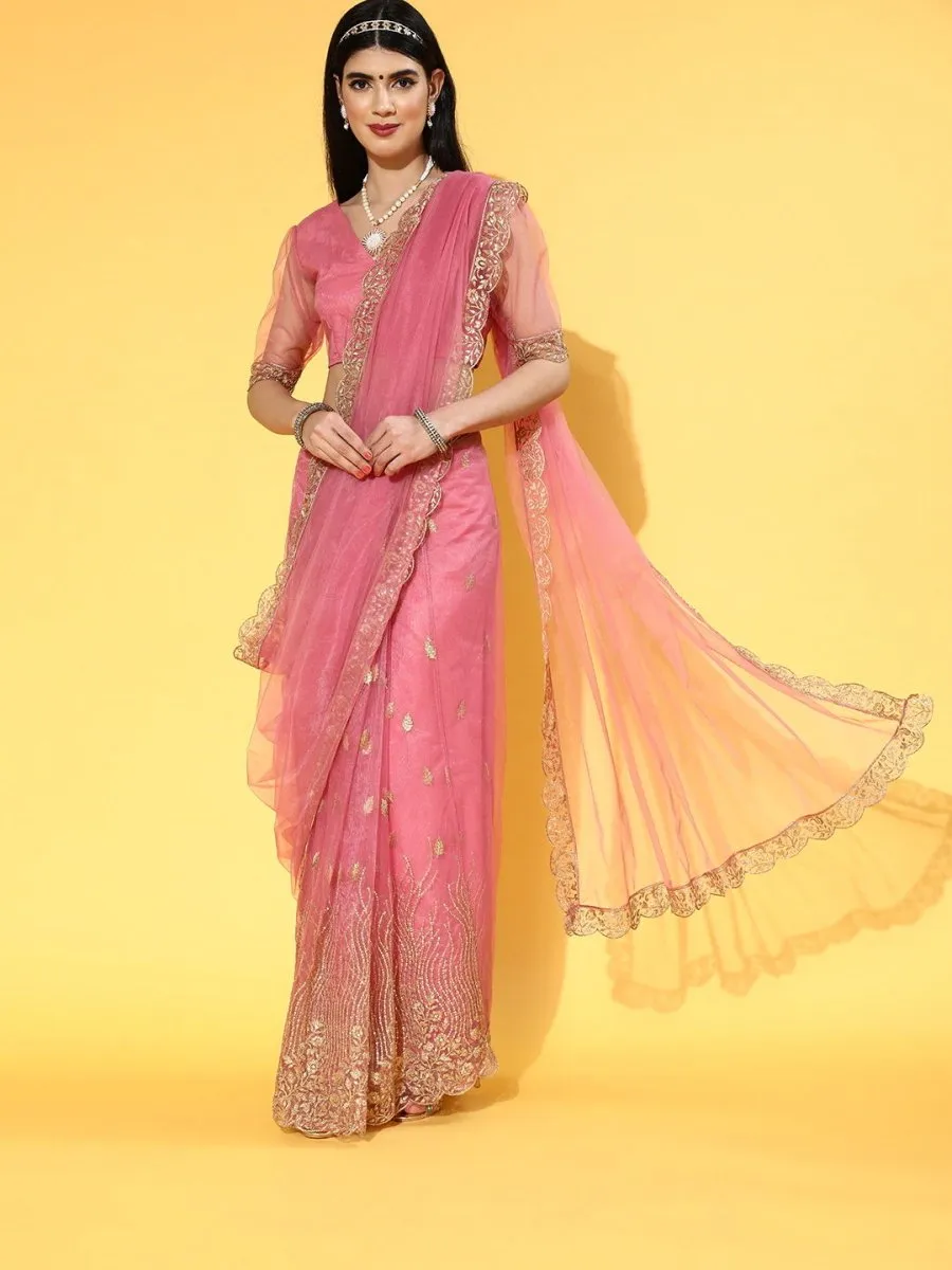 Dirty Pink Net Embroidere Saree with Blouse Piece