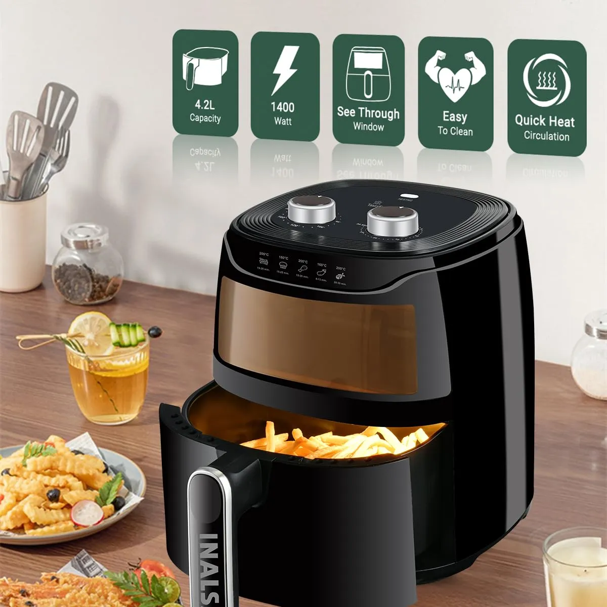 INALSA Tasty fry MW Air Fryer for Home|4.2 L Capacity|Visible Window & Internal Light|1400 W with Smart AirCrisp Technology|6-In-1 Appliance for Air fry,Bake,Roast,Grill and Reheat