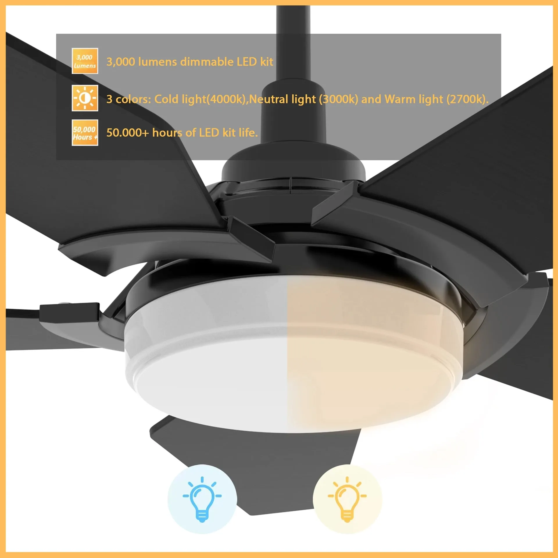 KAJ 52 inch 5-Blade Smart Ceiling Fan with LED Light Kit & Remote - Black/Black