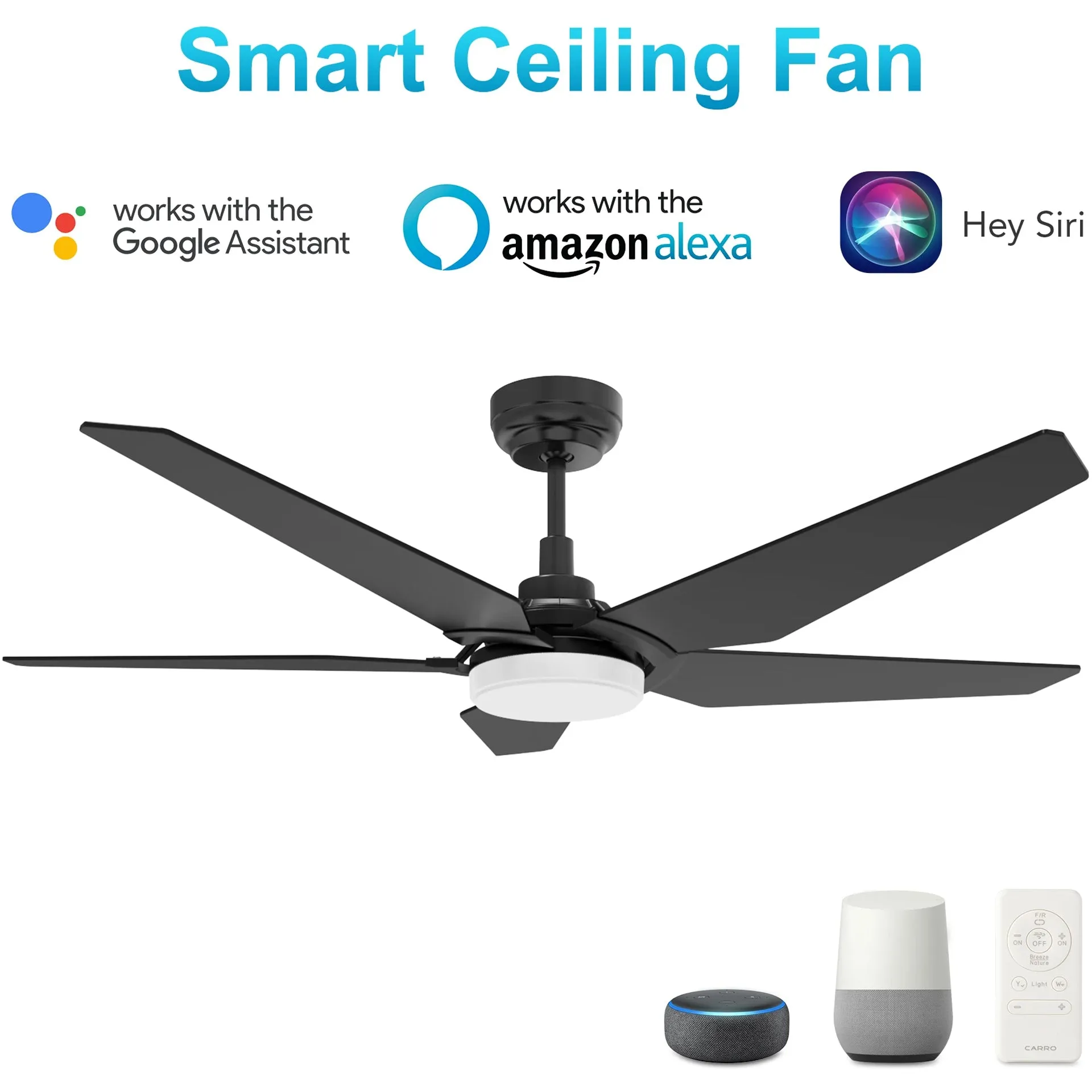 KAJ 52 inch 5-Blade Smart Ceiling Fan with LED Light Kit & Remote - Black/Black