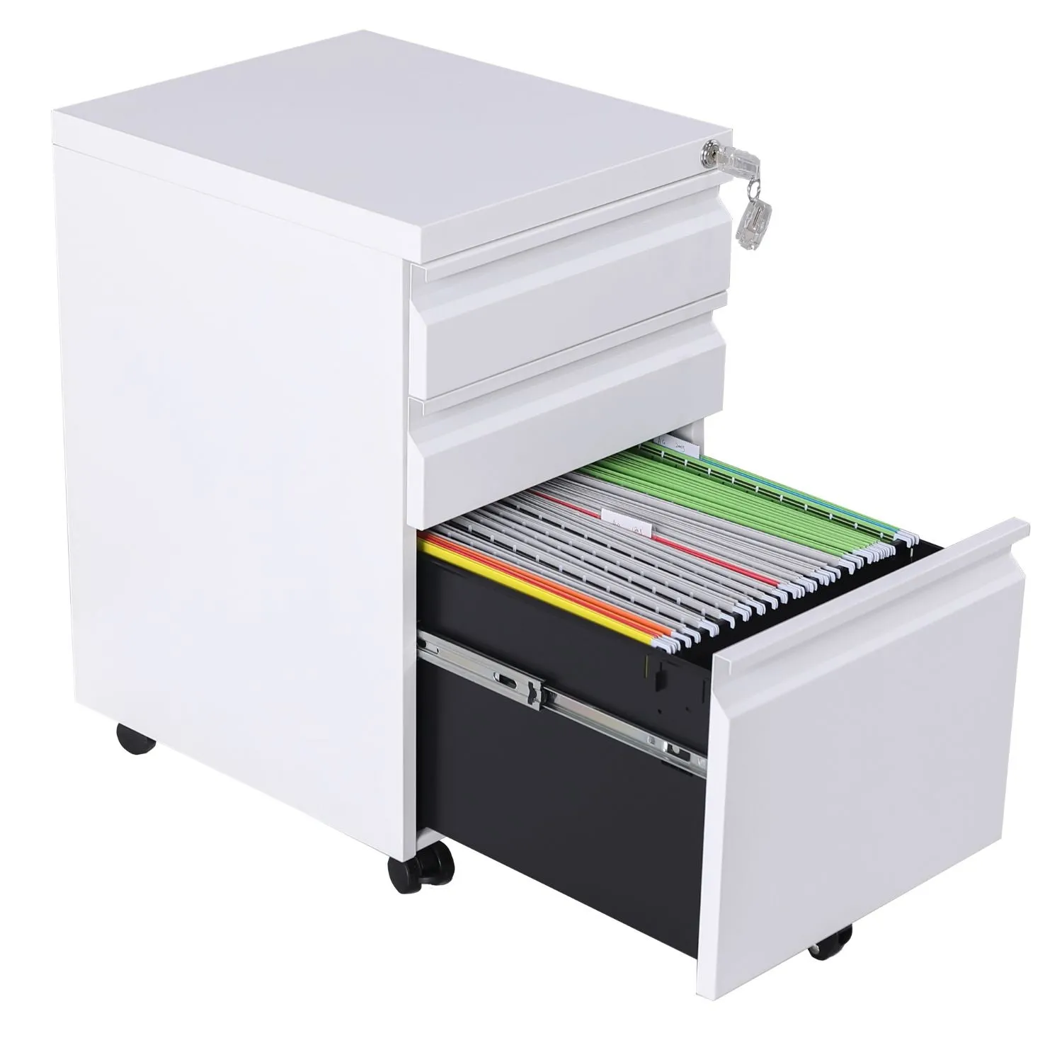 Lockable 3-Drawer Mobile File Cabinet, White Steel, EKKIO