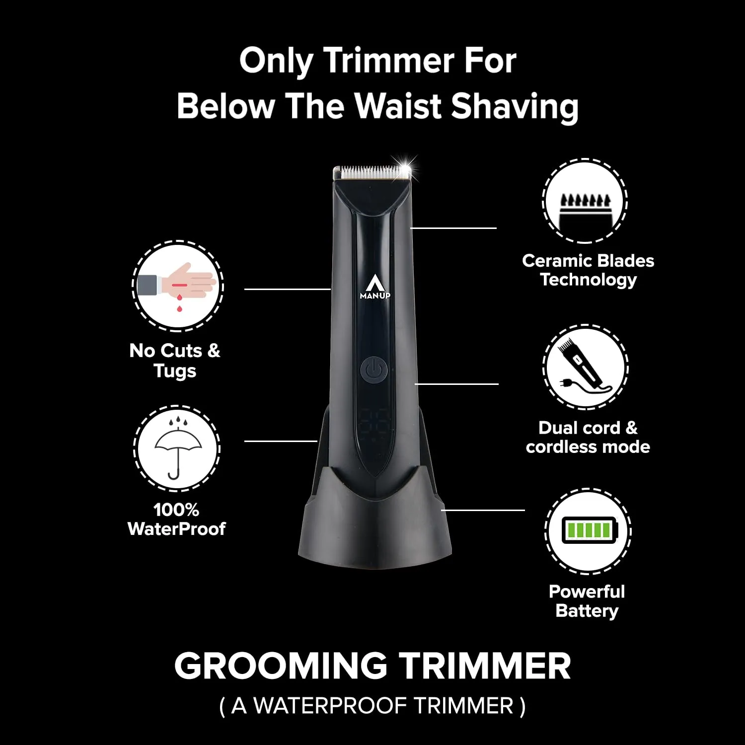 Man-Up Waterproof Trimmer for Men Cordless-LED Display, USB Rechargeable, Balls Trimmer For Men, Pubic Hair Trimmer & Body Groomer | 90 Mins Runtime, Private Part Shaving (Pack of 2)