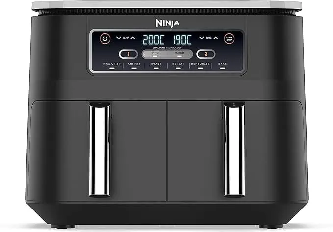 Ninja Foodi Dual Zone Digital Air Fryer, 2 Drawers, 7.6L, 6-in-1, Uses No Oil, Air Fry, Max Crisp, Roast, Bake, Reheat, Dehydrate, Cooks 4-6 Portions, Non-Stick, Dishwasher Safe Baskets, Black AF300UK