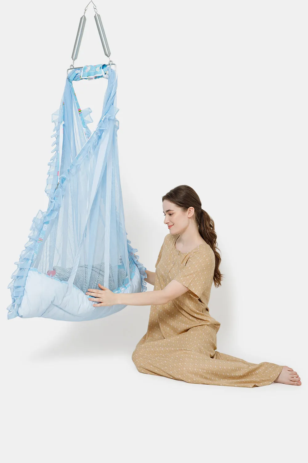 Oh Baby Printed Thuli Mosquito Net Cotton Bed - Blue