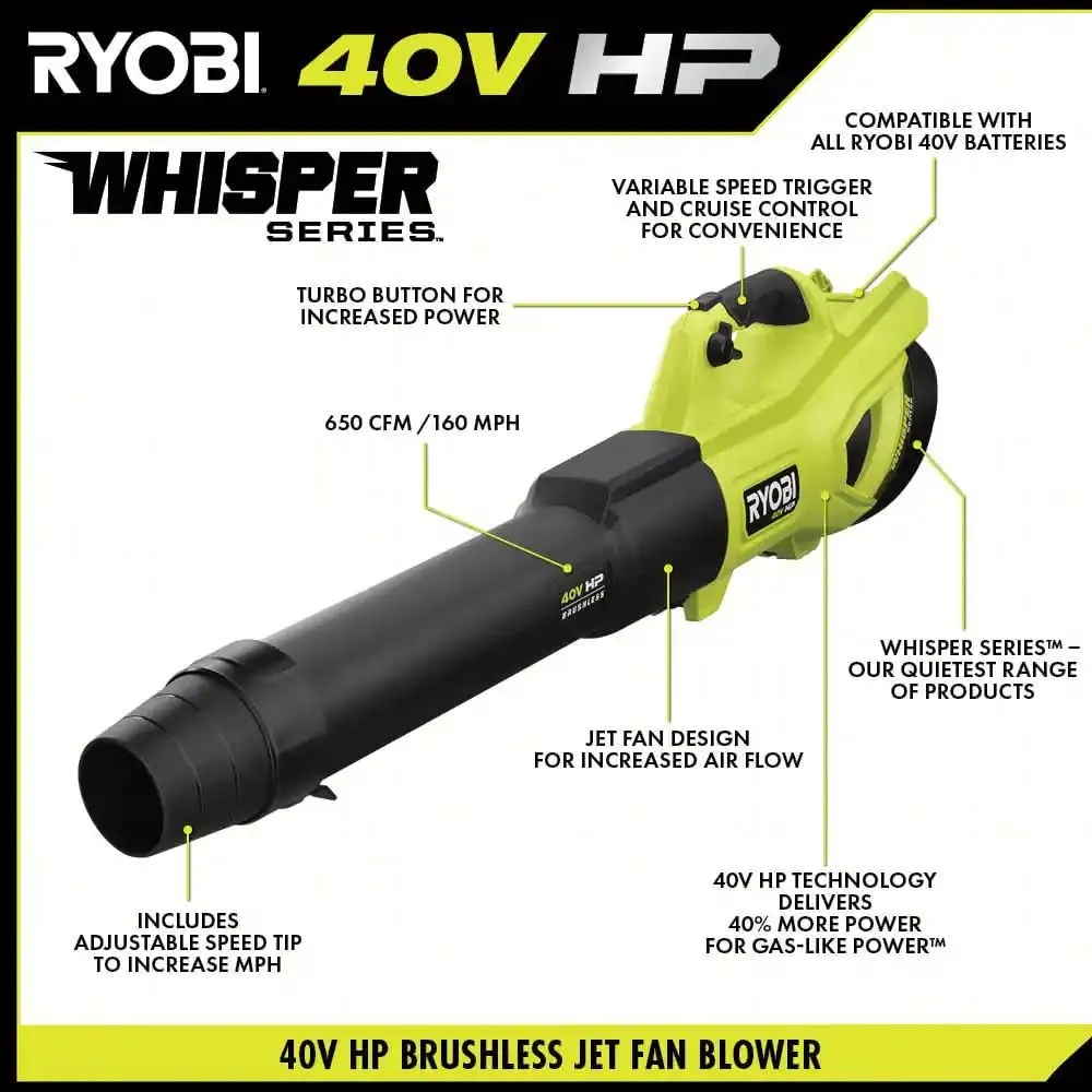 Open Box -  RYOBI 40V HP Brushless Whisper Series 160 MPH 650 CFM Cordless Battery Leaf Blower (Tool Only)